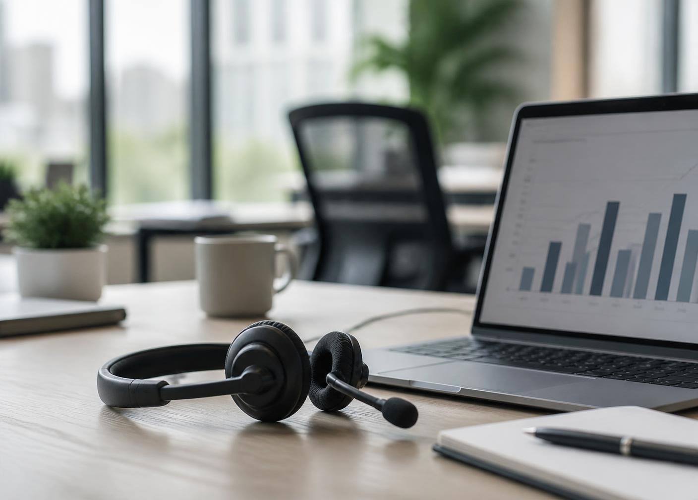 Telecalling workspace with headset, laptop and follow-up notes